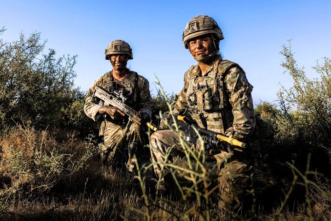 Two soldiers in field uniform and helmets crouch in scrubland under a clear blue sky, looking towards the camera